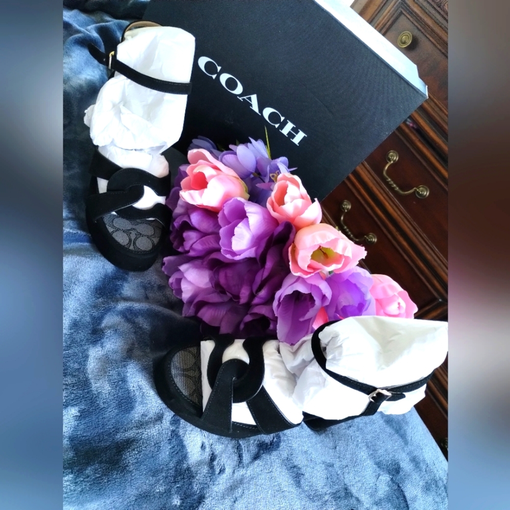 New in box no tag Coach Talina Suede open toe sandal heel  6.5M Black--238